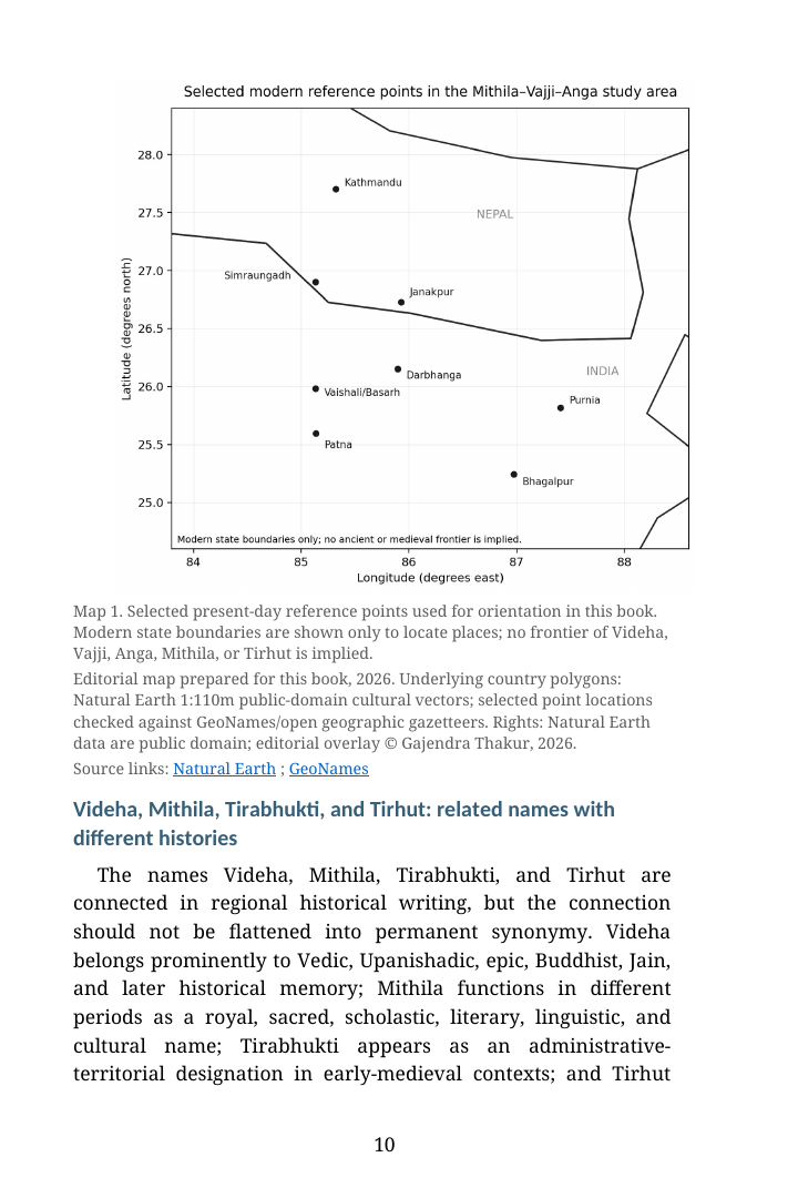Modern orientation map of selected reference points in the Mithila, Vajji, and Anga study area