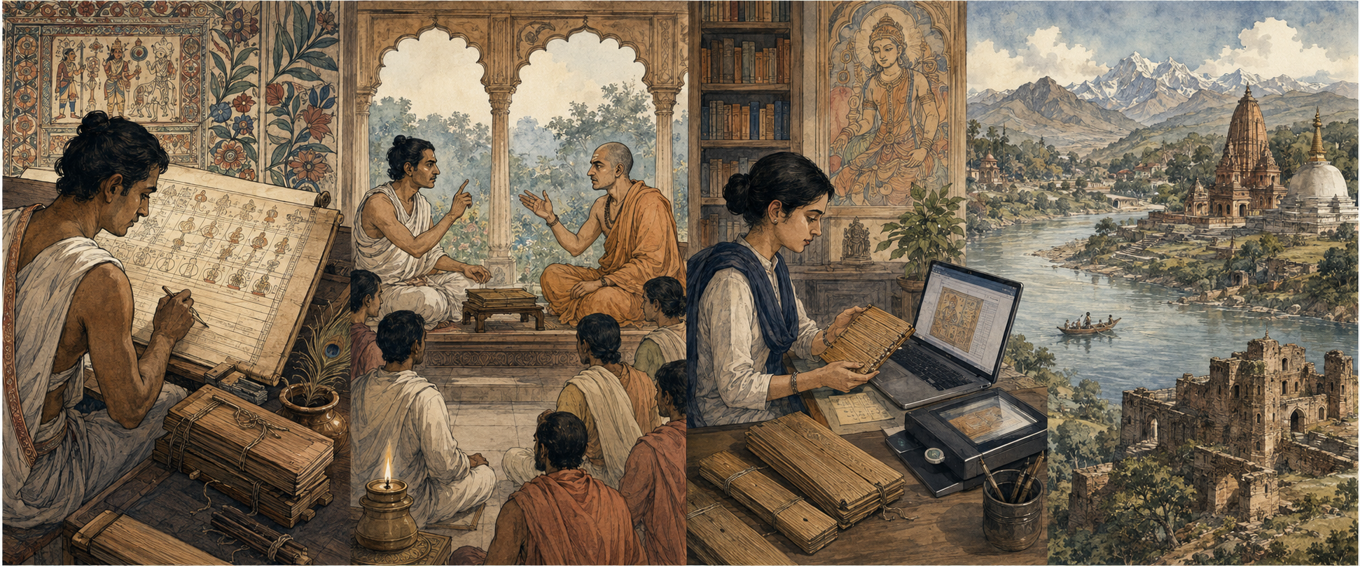Illustrated research panorama: Panji decoding, philosophical debate, manuscript translation and the India–Nepal landscape