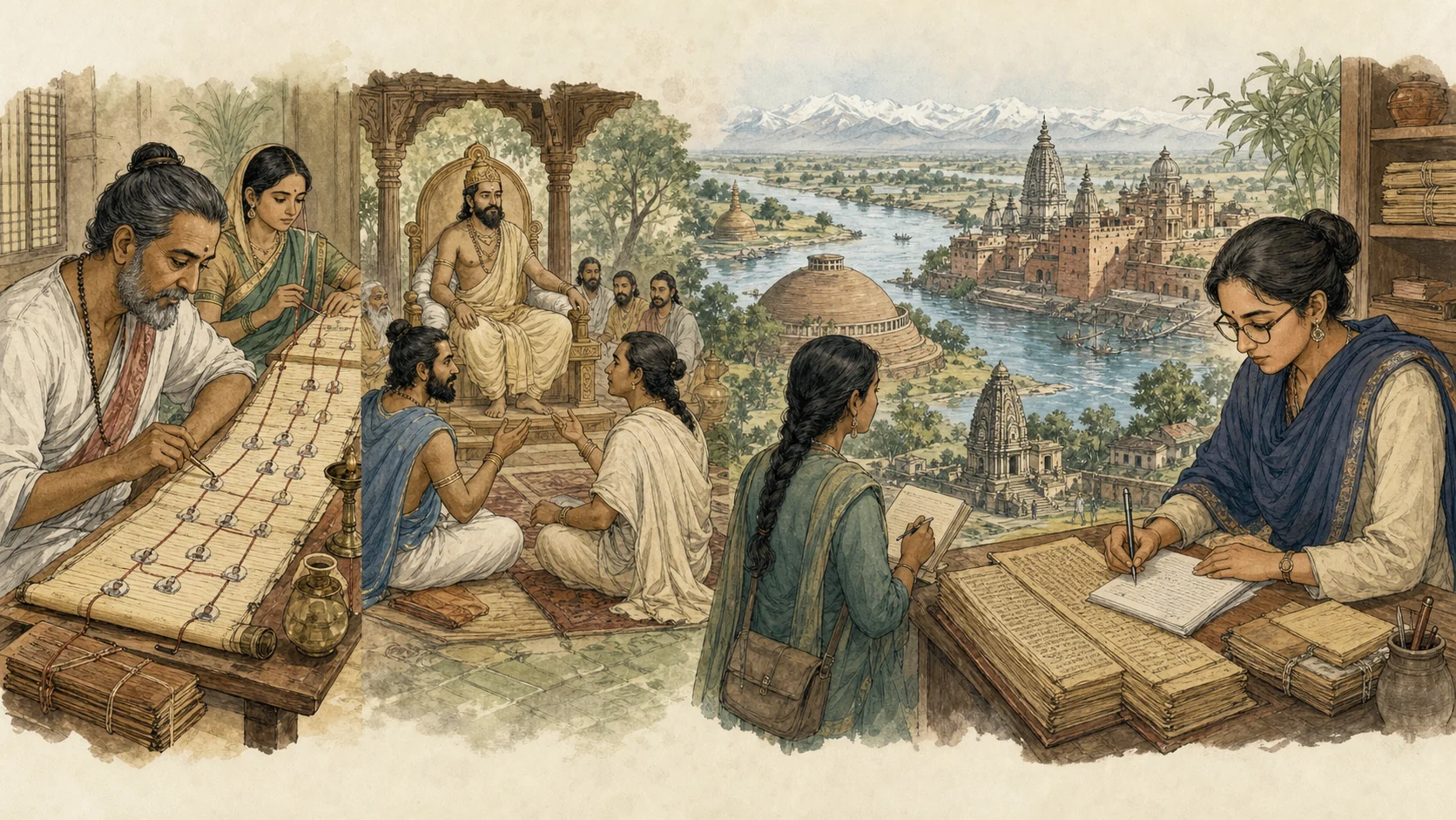 Illustrated sequence showing Panji study, philosophical debate, the India–Nepal landscape, and Maithili translation